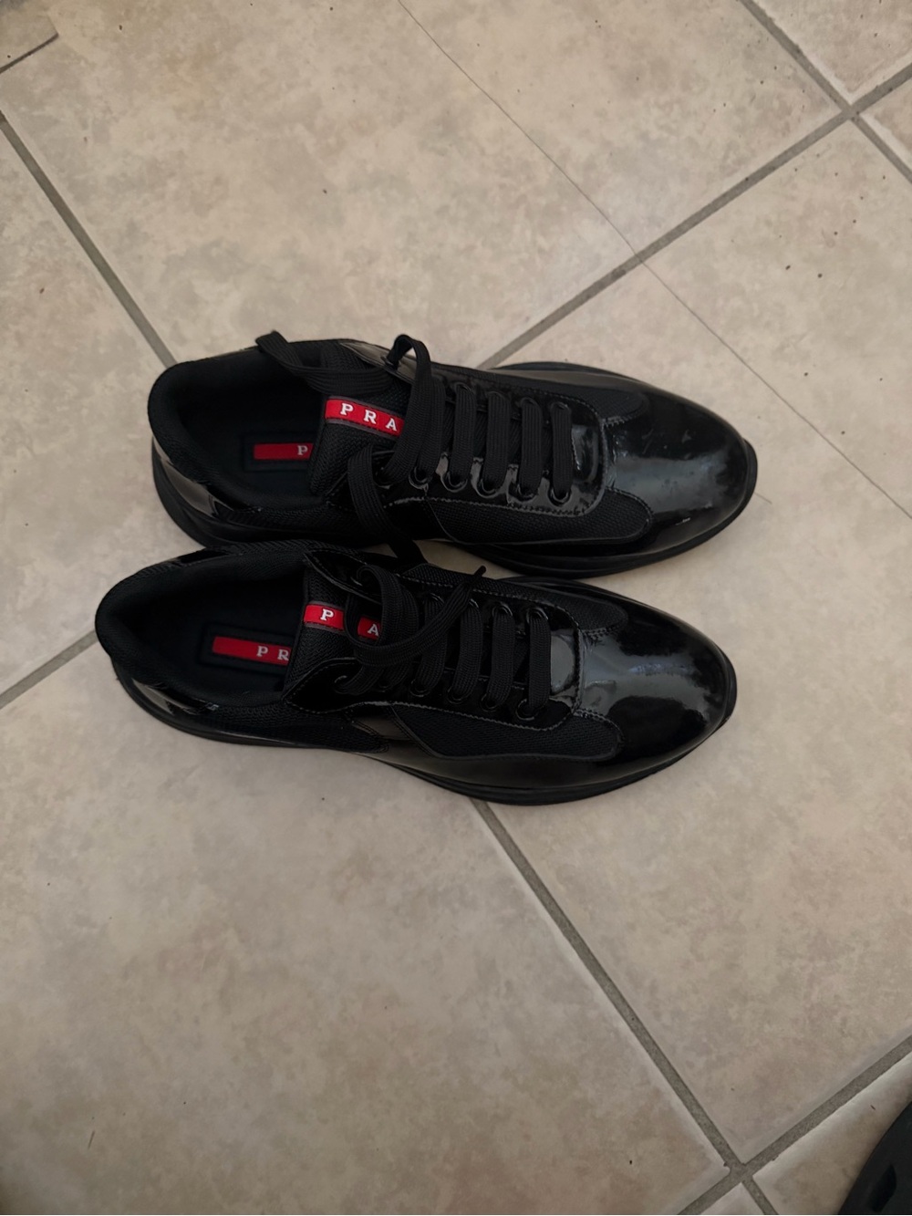 Prada Black Patent & Mesh Low-Top Sneakers with Red Logo Tape - Picture 2 of 5
